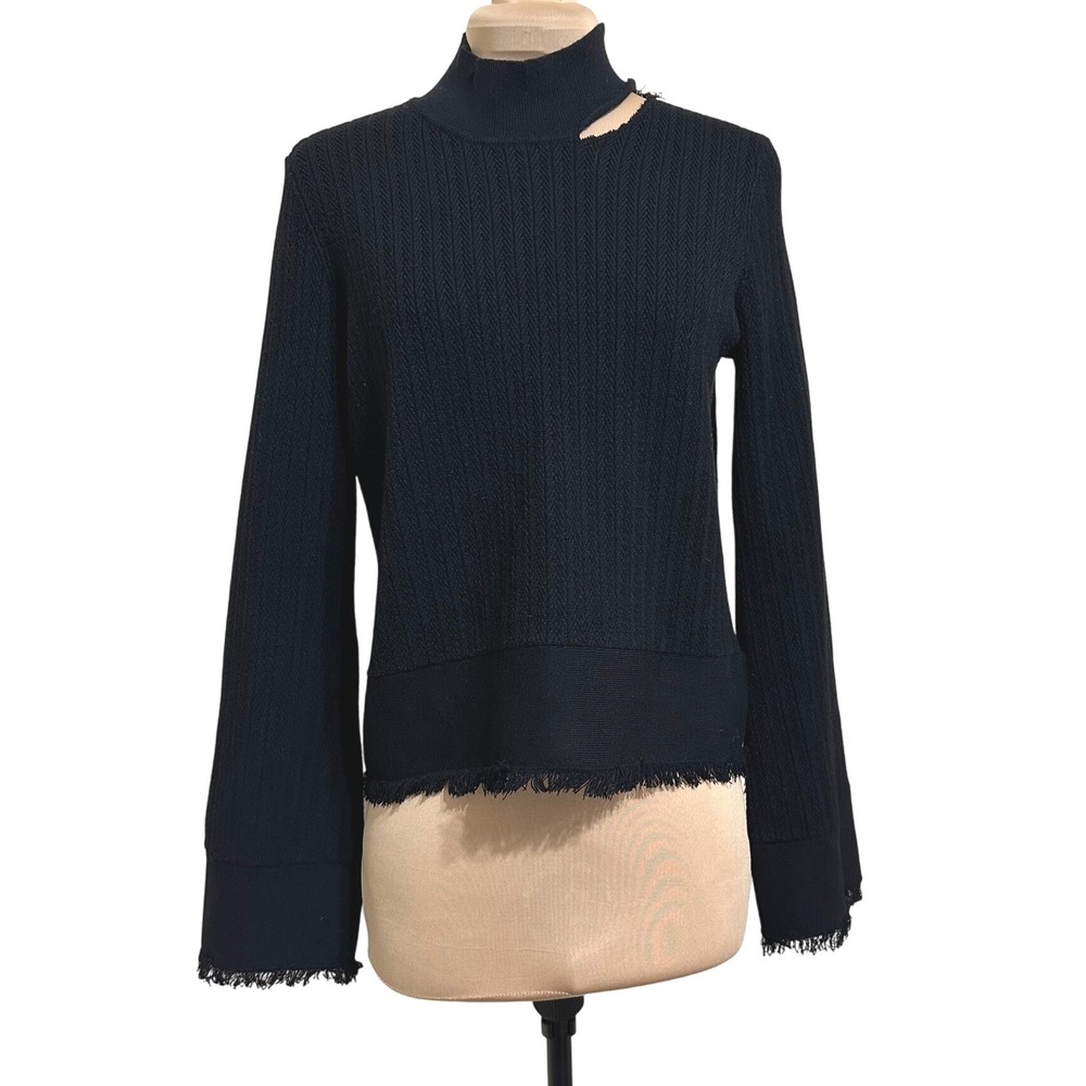 Edun Mock Neck‎ Sweater Cut Out Fringe Hem Long Sleeve Black Top